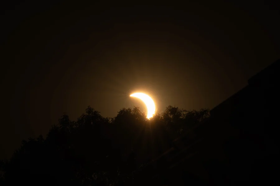 Partielle Sonnenfinsternis über dunklen Baum- und Gebäudesilhouetten
